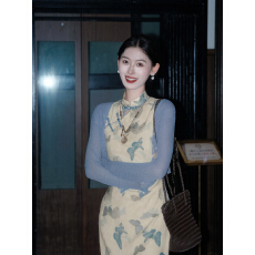 批发2026春秋款清荷新中式蝴蝶印花改良旗袍女夏季复古镂空<b class='q'>连衣裙</b>