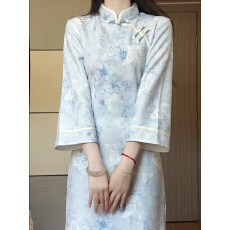 批发2026年秋季新款蓝色改良新中式倒大袖旗袍女淑女年轻日常连衣裙