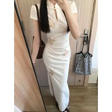 批发中式复古蝴蝶结刺绣<b class='q'>旗袍</b>连衣裙女<b class='q'>夏季</b>高级感修身收腰包臀开叉长裙