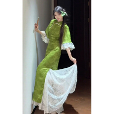 批发高级感绿色改良<b class='q'>旗袍</b>女2025<b class='q'>夏季</b>新中式民国风蕾丝倒大袖修身连衣裙
