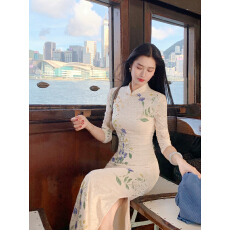 批发玉岚香'新中式印花蕾丝改良旗袍<b class='q'>秋</b>季气质高级感复古长袖连衣裙