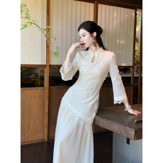 批发2026<b class='q'>秋</b>季新款白羽叠纱新中式假两件绣花旗袍水滴领长袖连衣裙