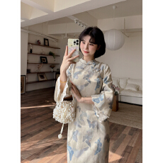批发2026年新款蝴蝶引秋季新款复古新中式蝴蝶印花改良旗袍连衣裙