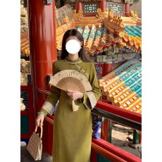 批发新中式国风一川枫叶复古改良旗袍女<b class='q'>春</b>秋高级感气质长袖连衣裙长裙