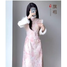 批发加绒加厚2025<b class='q'>秋</b>冬新款粉色连衣裙新中式温柔风旗袍国风气质长裙女