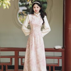 批发加绒加厚2025新年拜年服粉色旗袍裙<b class='q'>秋</b>冬季中式敬酒服订婚日常可穿