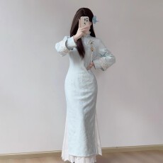 批发加绒加厚旗袍2025新款高端年轻少女国风连衣裙秋冬加绒长袖连衣裙