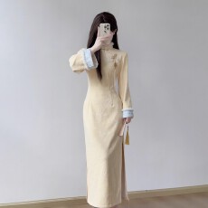 批发加绒加厚中式旗袍2025新款气质高端秋冬加绒黄色少女改良连衣裙女