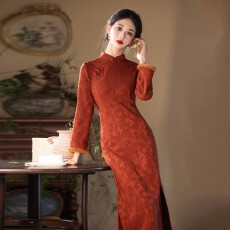 批发加绒加厚新中式旗袍改良年轻款秋冬<b class='q'>复古</b>连衣裙加绒订婚礼服连衣裙