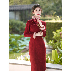 批发加绒加厚旗袍女新中式2025新款冬装红色中长款高端大气上档绝美