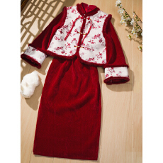 批发加绒加厚秋冬新款马甲套装旗袍新中式改良款保暖日常年轻清新优雅