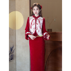 批发加绒加厚旗袍女新中式冬款加厚拜年服国风马甲两件套装年轻款冬天