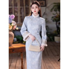 批发加绒加厚新中式改良旗袍蓝色素雅民国风2025冬少女<b class='q'>复古</b>长袖连衣裙