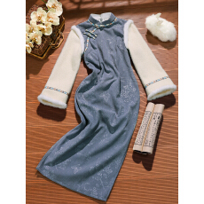 批发加绒加厚蓝色秋冬旗袍冬装新中式改良长袖大码冬天女<b class='q'>连衣裙</b>