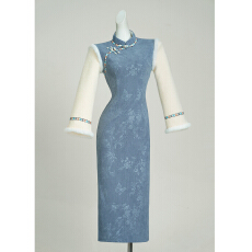 批发加绒加厚蓝色旗袍2025新款长袖新中式高级感年轻款少女连衣裙秋冬