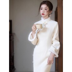批发加绒加厚新中式旗袍2025新款秋冬保暖<b class='q'>高端</b>白色素雅<b class='q'>连衣裙</b>