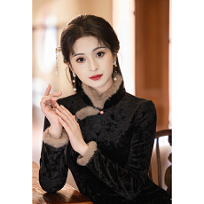 批发加绒加厚黑色旗袍秋冬款改良女新中式日常冬季新年战袍修身连衣裙