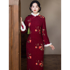 批发加绒加厚绣花红色冬装国风中式长款长袖旗袍2025新款女<b class='q'>复古</b>秋冬季