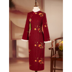 批发加绒加厚旗袍柿柿如意新中式国风<b class='q'>复古</b>年轻秋冬加厚保暖新年敬酒服