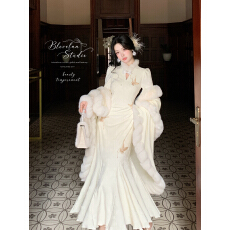 批发加绒加厚白羽玲珑高级感新中式抓绒<b class='q'>提花</b><b class='q'>连衣裙</b>气质国风鱼尾旗袍