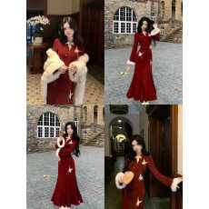 批发加绒加厚<b class='q'>酒红色</b>新中式蝴蝶绣花针织旗袍鱼尾<b class='q'>连衣裙</b>订婚新年<b class='q'>连衣裙</b>