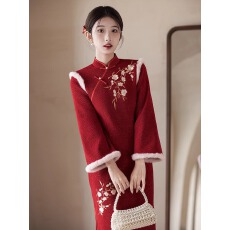 批发加绒加厚新中式红色旗袍敬酒服新娘冬季结婚妈妈<b class='q'>礼服</b>拜年服连衣裙