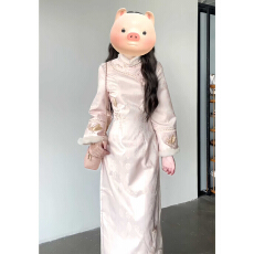 批发加绒加厚新中式温柔风粉色改良旗袍气质<b class='q'>优雅</b>高级感连衣裙