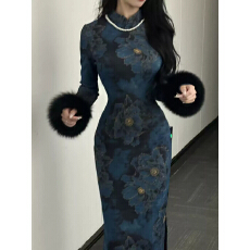 批发加绒加厚画报夫人原创自制秋冬厚款针织提花旗袍连衣裙厚款兰陵王