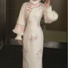 批发加绒加厚画报夫人高级温柔针织提花清宫改良旗袍 刁蛮格格连衣裙