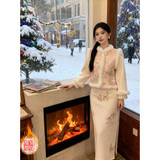 批发加绒加厚新中式国风冬装马甲改良旗袍套装裙连衣裙两件套