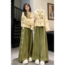 批发加绒加厚新中式风套装复古提花外套阔腿裤独特气质两件套女2025冬