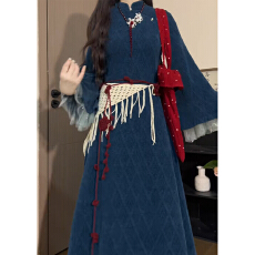 批发加绒加厚新中式国风复古蓝色<b class='q'>网纱</b>改良旗袍气质款连衣裙