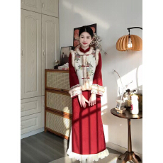 批发加绒加厚冬季新中式过年战袍马甲连衣裙加绒加厚年轻改良旗袍秋冬