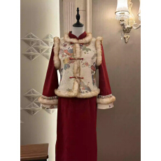 批发加绒加厚红色旗袍冬改良年轻款少女新中式国风复古日常可穿两件套