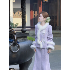 批发加绒加厚【雪落长安】新中式狐狸毛蕾丝羽绒外套半身裙女冬季套装