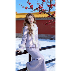 批发加绒加厚2025年冬季新中式洋气减龄毛毛边国风外套半身裙套装