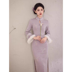 批发加绒加厚紫色旗袍2025新款女秋冬季长袖新中式复古冬装水滴领