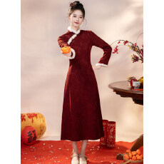 批发加绒加厚新中式旗袍女长袖红色拜年服保暖冬小个子敬酒服2025新款