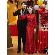 批发加绒加厚新中式旗袍改良敬酒服冬装2025酒红色鱼尾订婚晚礼服女