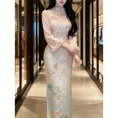 批发加绒加厚秋<b class='q'>冬</b>厚款温柔旗袍长袖新中式加绒改良连衣裙女修身显瘦