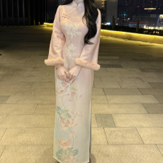 批发加绒加厚画报夫人秋冬厚款温柔旗袍连衣裙 荷花满凝香