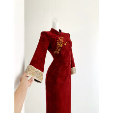 批发加绒加厚金梅中式高级刺绣旗袍金梅报喜修身倒大袖温柔气质