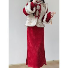 批发加绒加厚中国风拜年服套装冬红色旗袍礼服日常可穿<b class='q'>复古</b>气质连衣裙