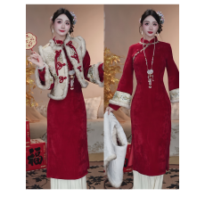 批发加绒加厚秋冬季新款<b class='q'>复古</b>气质温柔风旗袍连衣裙女装马甲新中式套装