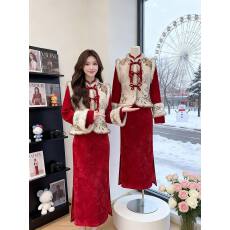 批发加绒加厚<b class='q'>复古</b>风拜年服套装冬红色旗袍礼服日常可穿<b class='q'>复古</b>气质连衣裙
