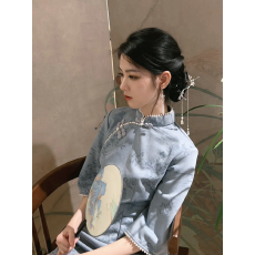 批发复古旗袍蓝色麂皮绒七分袖春秋2026新款日常民国风改良修身款年轻