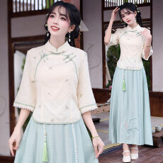 批发中袖改良旗袍套装茶艺服中国风<b class='q'>汉服</b>文艺学生新中式连衣裙<b class='q'>唐装</b>长款