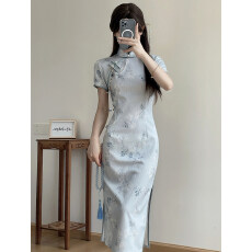 批发日常旗袍2026新款夏季复古民国小个子蓝色气质修身少女改良年轻款