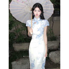 批发新中式<b class='q'>连衣裙</b>女高级名媛<b class='q'>青花瓷</b>印花改良旗袍清冷感长裙性感包臀裙