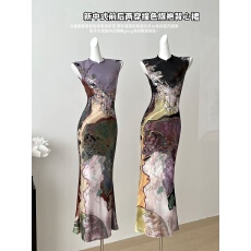 批发复古国风新中式两穿式撞色性感旗袍<b class='q'>连衣裙</b>高级感<b class='q'>印花</b>鱼尾背心长裙